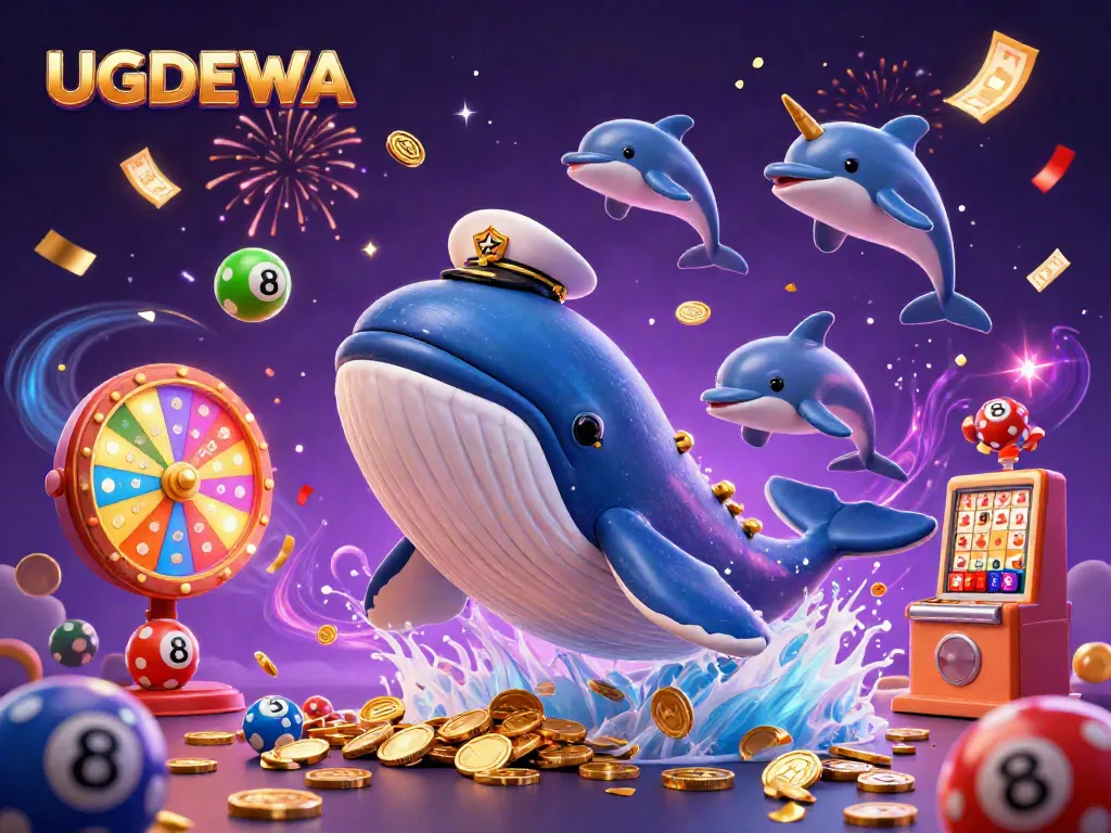 Engage with UGDEWA as a giant whale breaches through coins, surrounded by vibrant gambling elements.