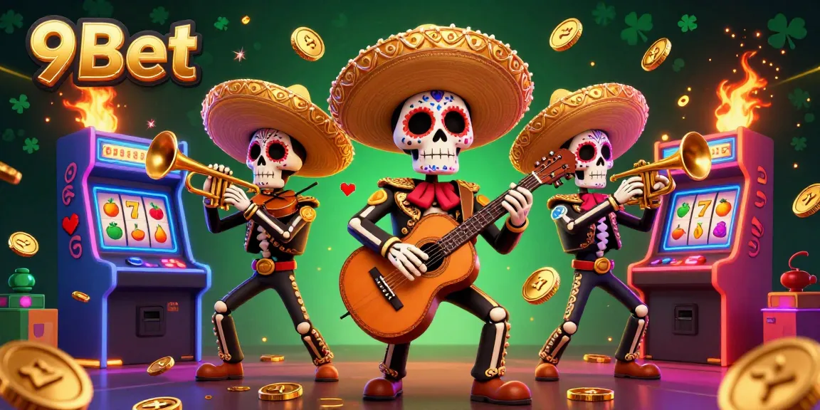 Engage with 9Bet's vibrant 3D Dia de los Muertos-themed illustration showcasing slot games in a lively setting.