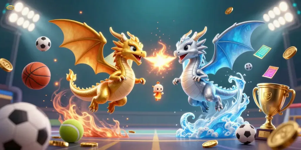 Engage with GEM88's exciting gaming atmosphere featuring cartoon dragons and dynamic sports elements.