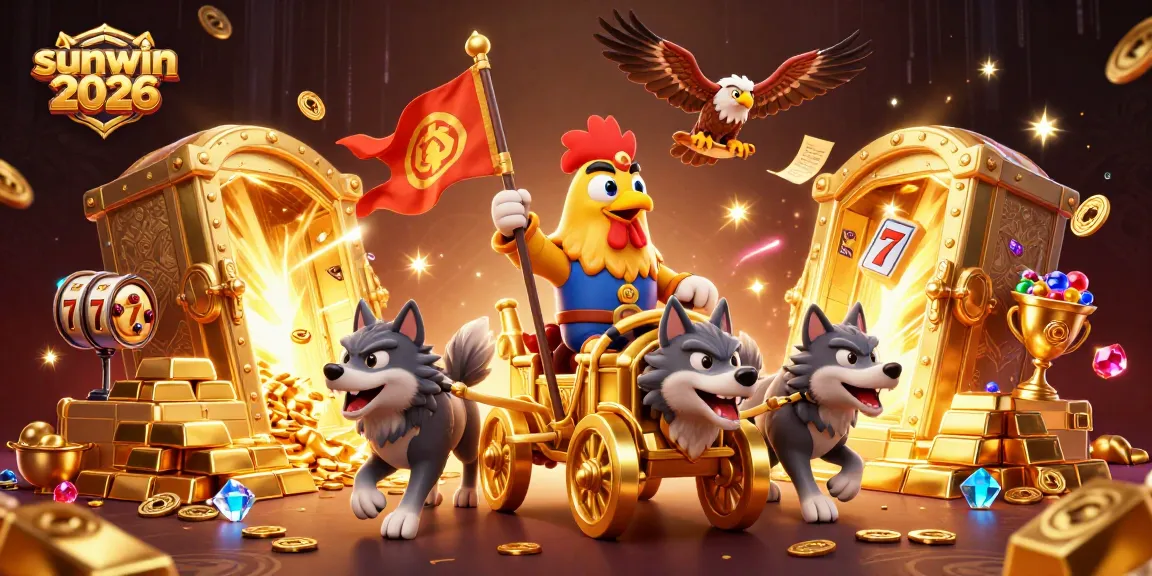 Experience the thrill of sunwin 2026 with a rooster warlord in a golden chariot, surrounded by slot game elements.