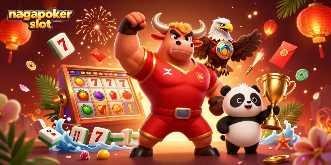 Experience thrilling jackpots with nagapoker slot as a bull mascot celebrates with a trophy and eagle