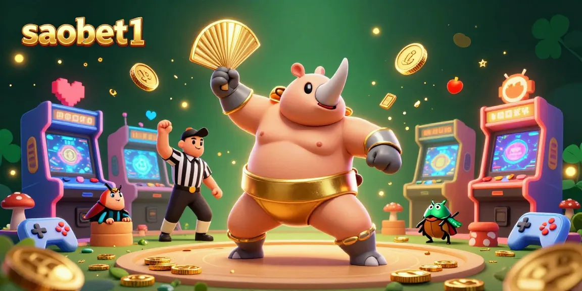 Experience thrilling wins at saobet1 with a vibrant 3D casino scene featuring playful characters and dynamic game elements.