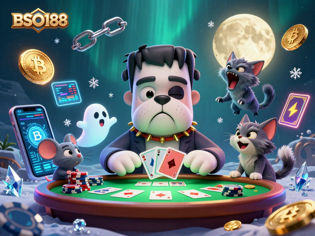Engage with BSO188 as a Frankenstein bulldog deals cards amidst vibrant gambling elements in a 3D illustration.