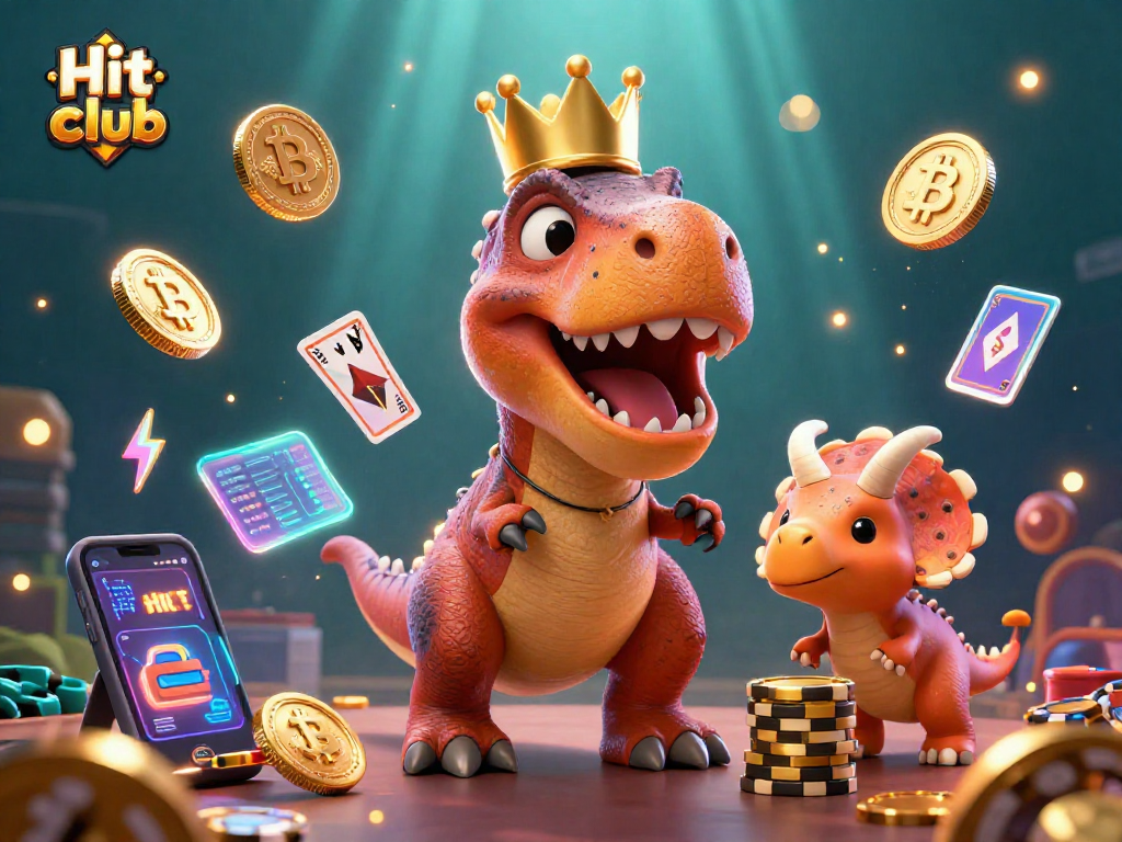 Hit club showcases a colorful 3D dinosaur casino scene with vibrant crypto elements.