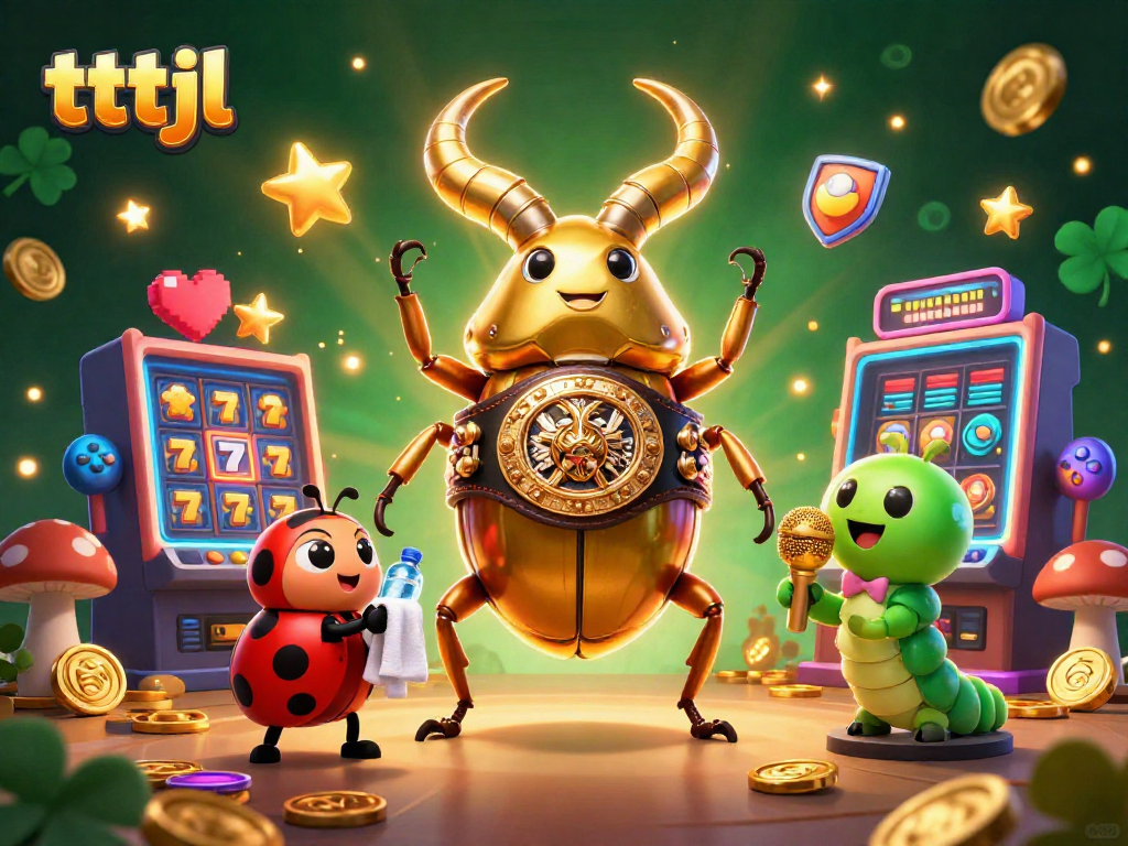 Engage with tttjl's dynamic slot gaming scene featuring vibrant characters and classic game elements.