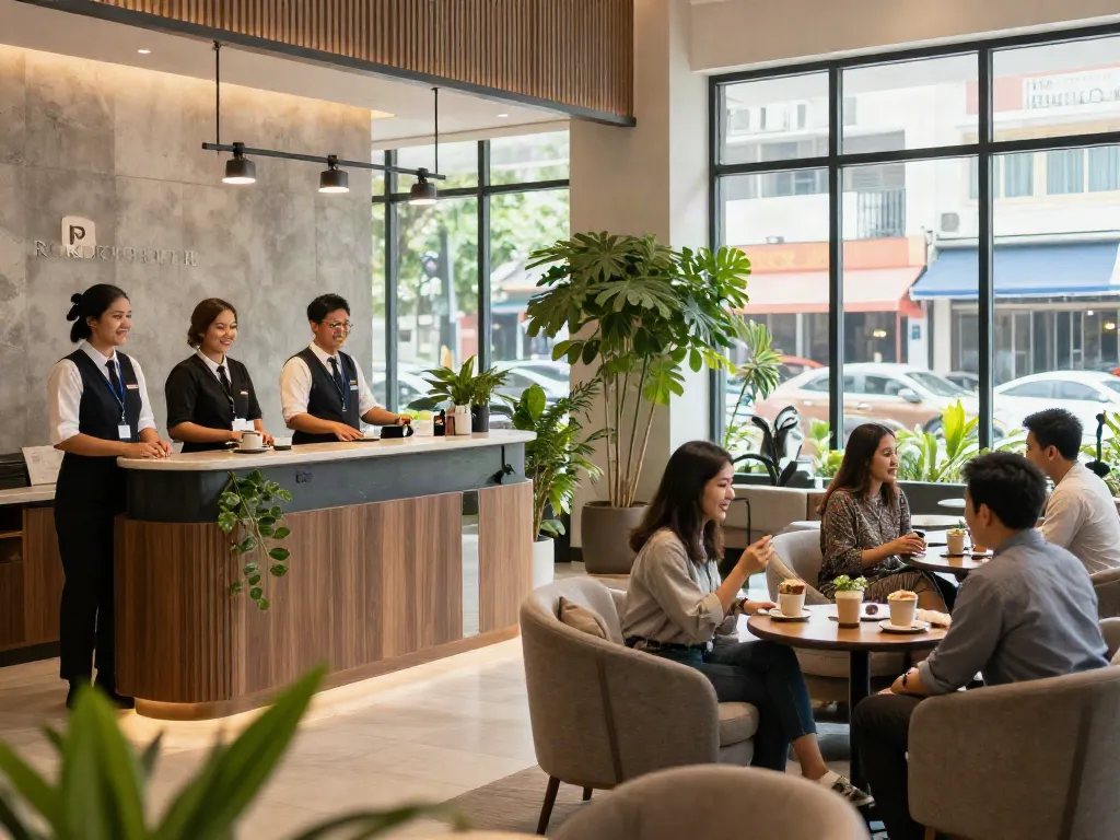 Welcoming atmosphere at ROKOK88 Hotel lobby with guests enjoying comfort and connection.