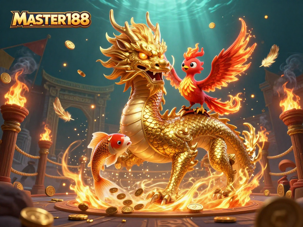 Join the excitement at MASTER188 with vibrant casino-themed illustrations featuring dragons, phoenixes, and coins.