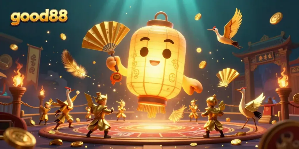 Experience the excitement of good88 with golden lantern spirits and lucky symbols in a vibrant casino.