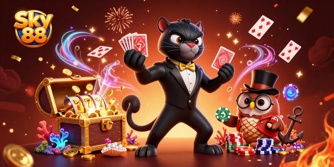 Engage in thrilling gameplay at Sky 88 with a stylish black panther dealer and fun casino characters.
