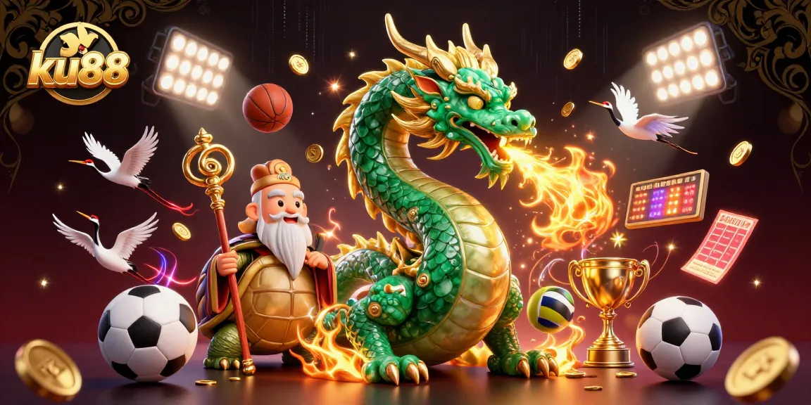 Engage with ku88's sports betting excitement featuring a vibrant 3D dragon, turtle sage, and lucky cranes.