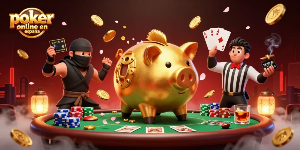 Disfruta del póker online en España con coloridas fichas y personajes únicos en una escena emocionante.
