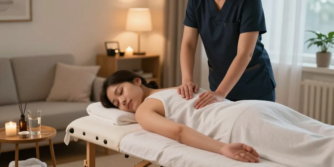 Premium mobile massage service featuring a therapist providing 구리출장안마 in a tranquil home setting with aromatherapy oils and soft lighting.
