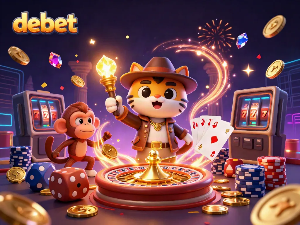 Experience the thrill of debet with vibrant casino elements and a dynamic scene of an explorer and monkey.