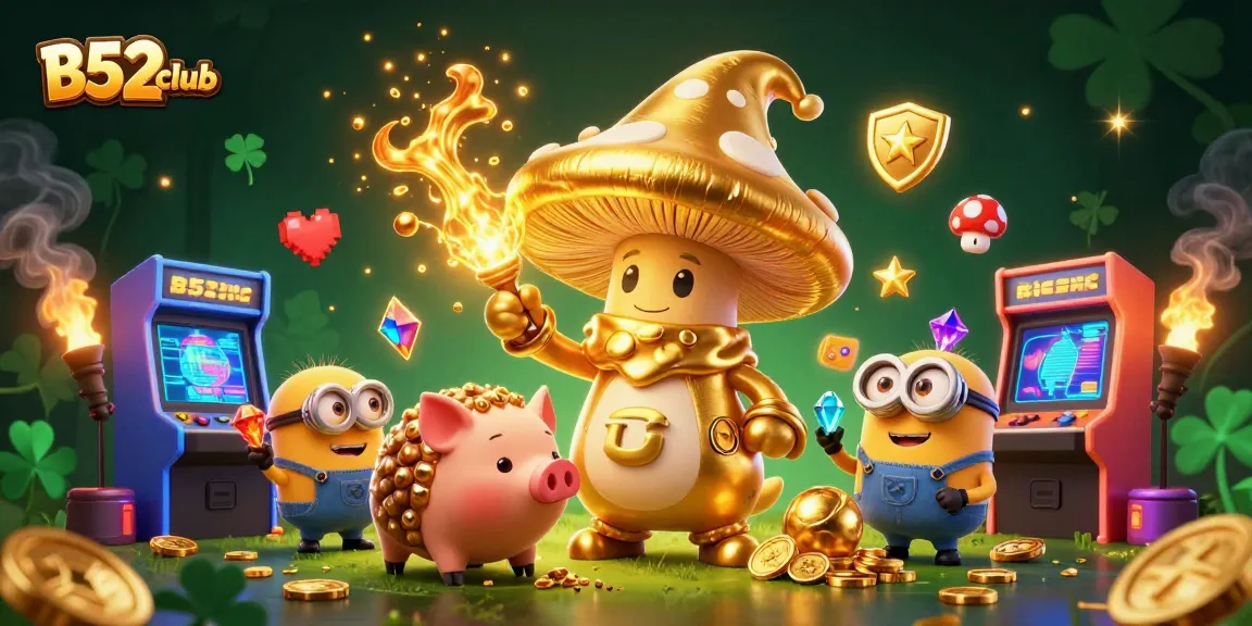 Experience the thrill of B52club with vibrant gaming elements and enchanting characters in this dynamic illustration.