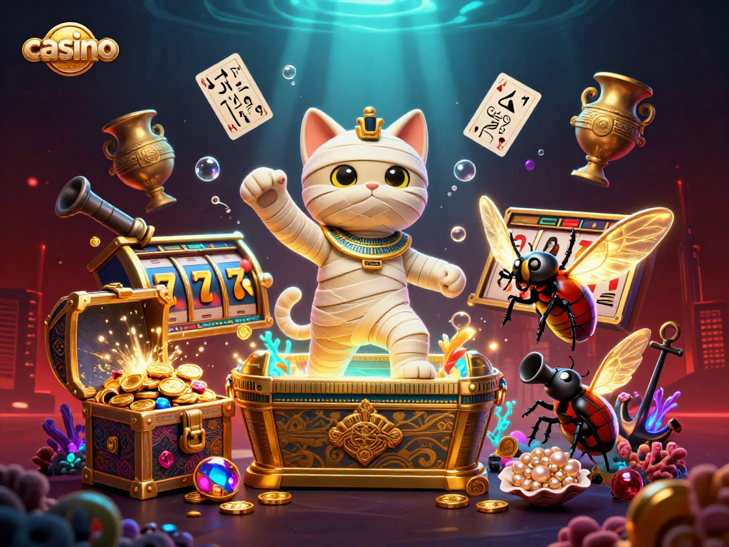 Engage in thrilling casino adventures within a vibrant underwater scene featuring a mummy cat.
