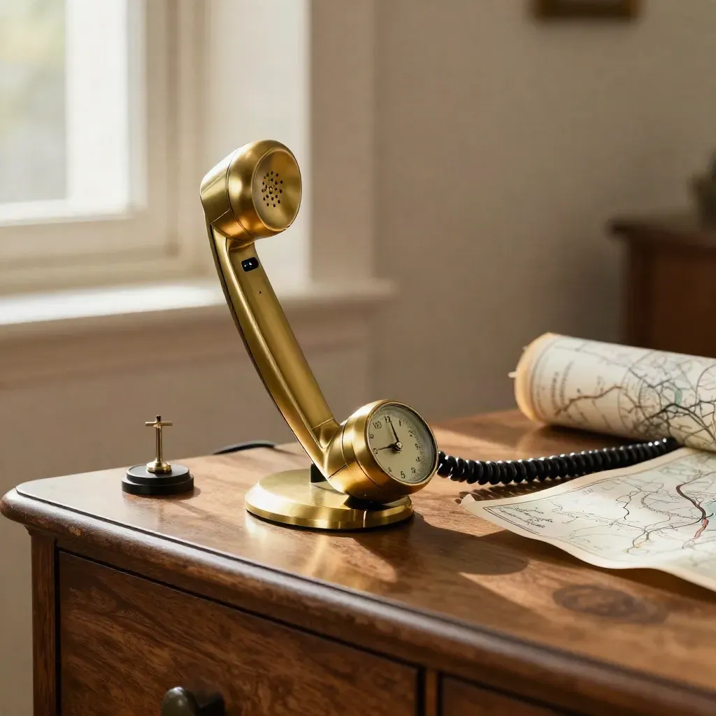 Ringing handset, brass clock, route marker and rolled map on a walnut sideboard
