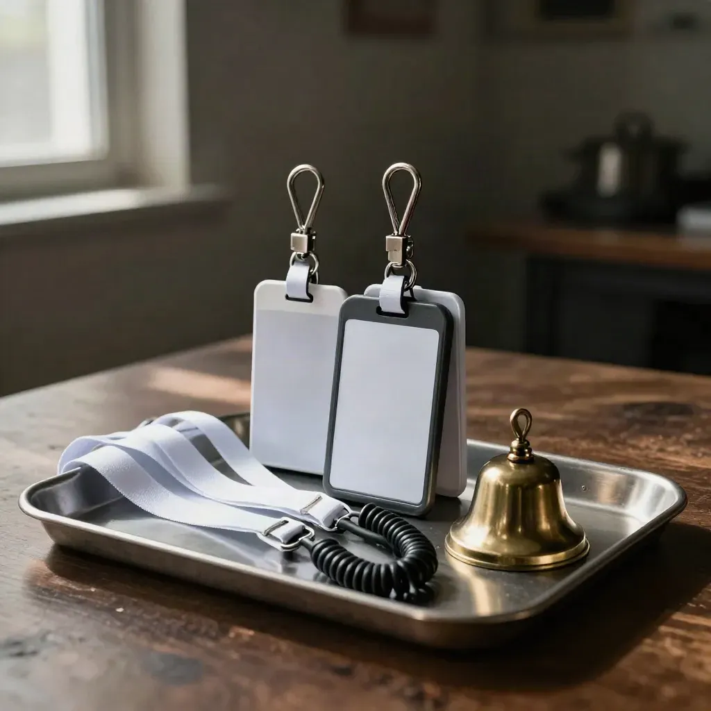 Volunteer shift kit with lanyards, radio chargers, hooks and a brass bell on a metal tray.