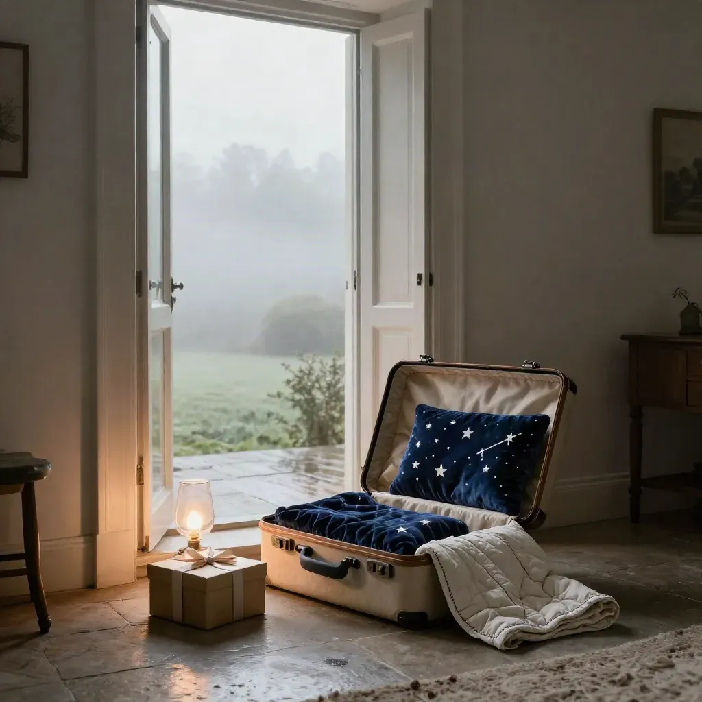 Wish-day departure room with travel case, quilt, plush constellation, gift box, and dawn fog.