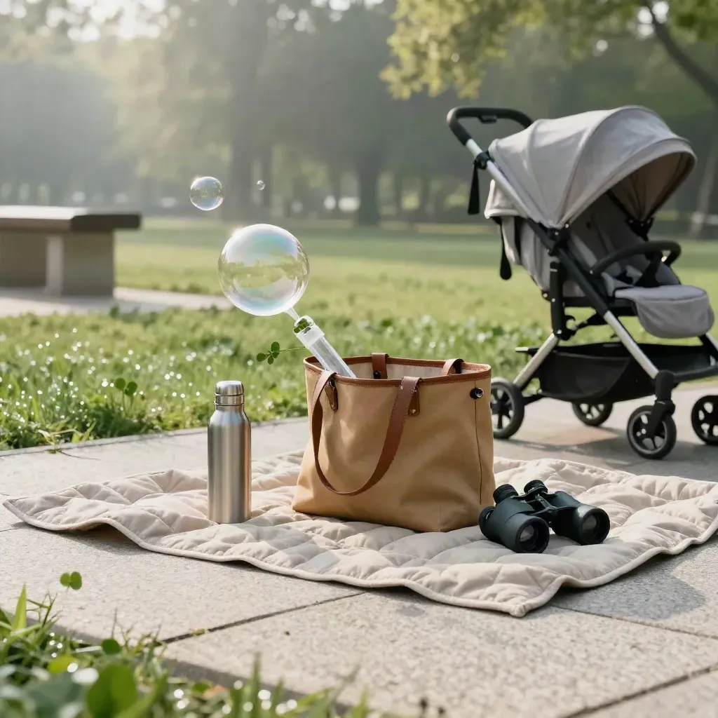 Open park-day tote with picnic gear fanned on travertine beside dew-bright grass in morning light.