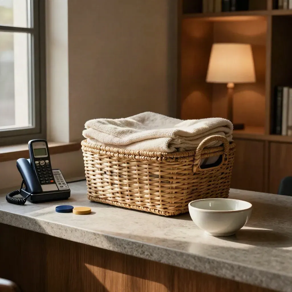 Blanket basket, phone cradle, color tokens, and ceramic bowl on a stone counter in warm office light.