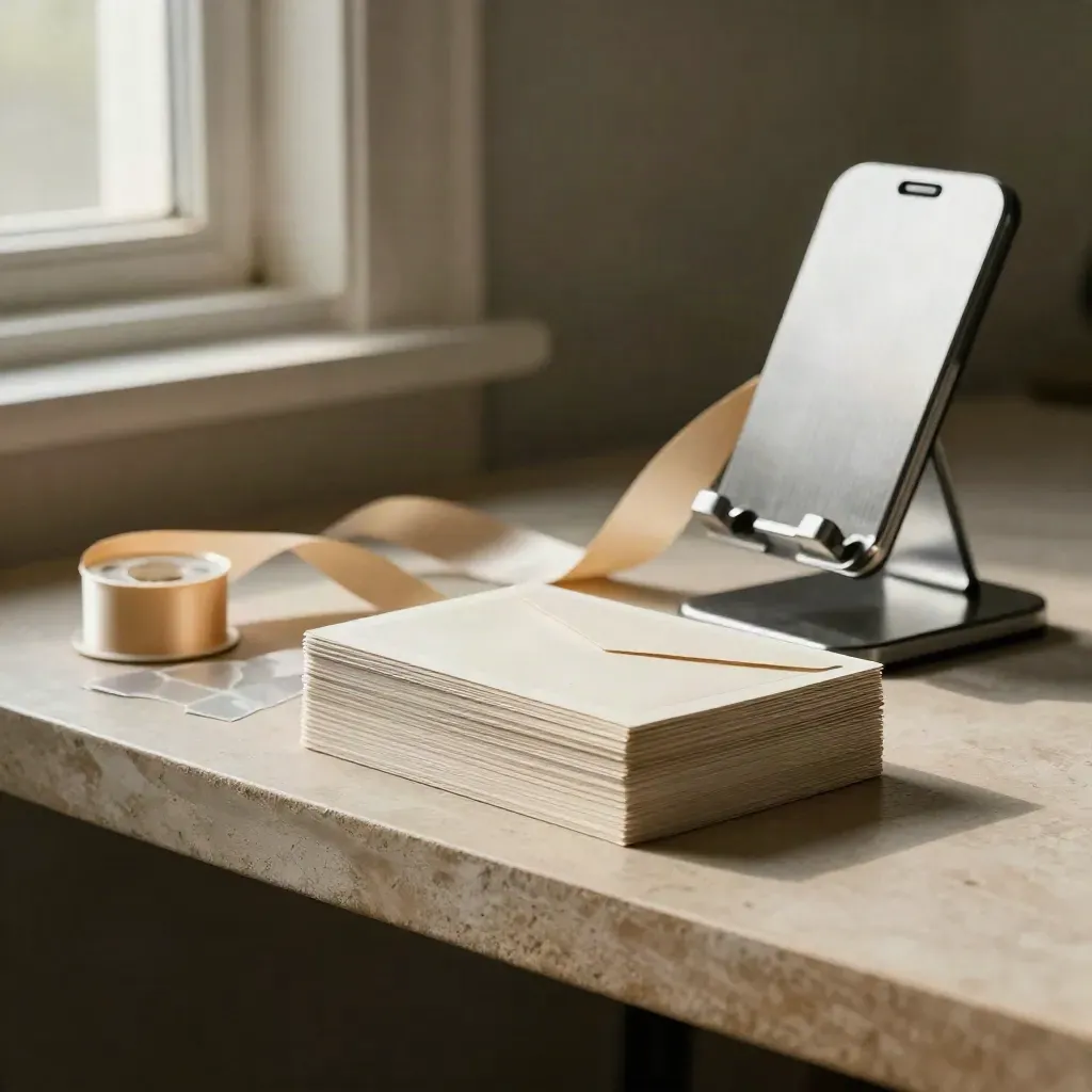 Donor-share kit on a shelf: phone stand, ribbon spool, seals, and print cards in dramatic light.