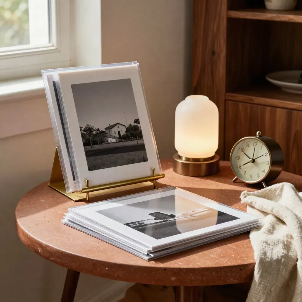 Keepsake print sleeves, brass stand, glowing lamp, and reminder clock on a terracotta side table.