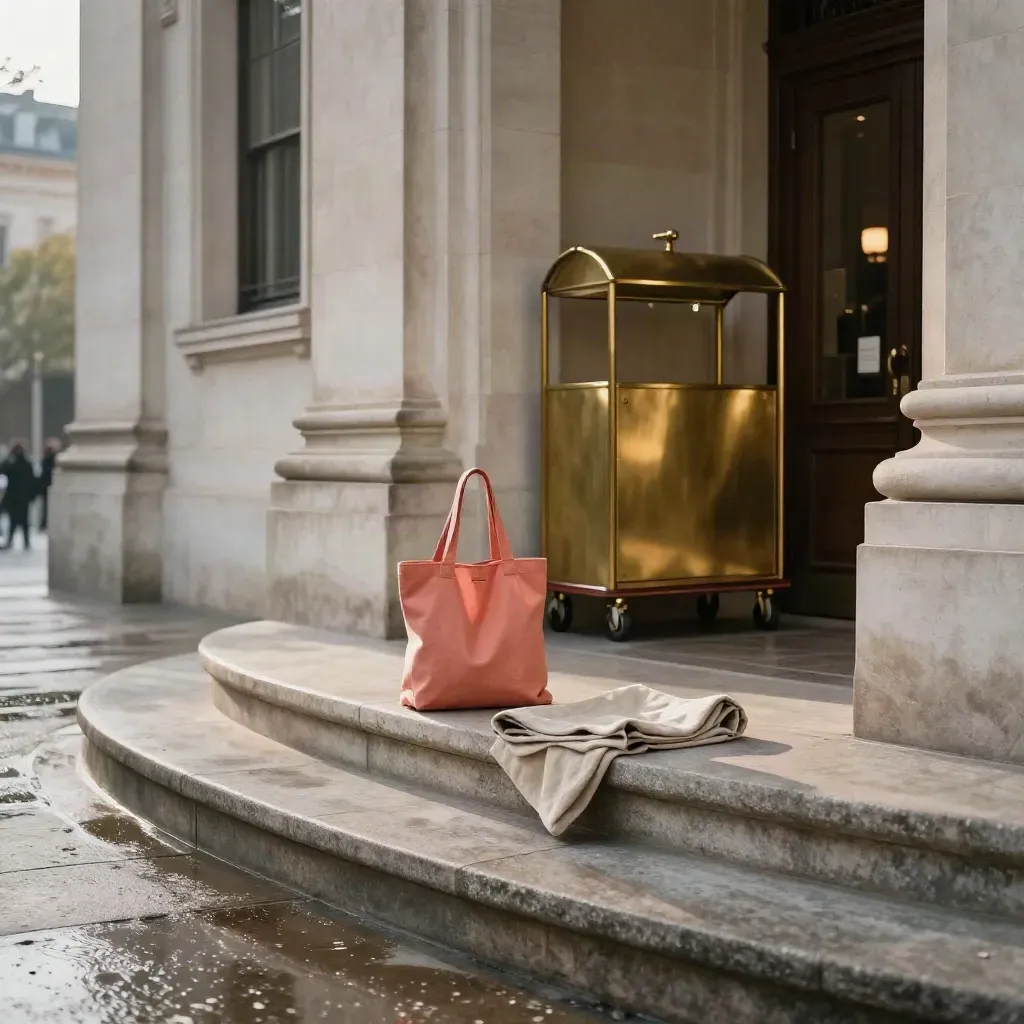 Museum entrance kit on stone steps: art tote, picnic blanket and cloakroom cart in soft morning haze.