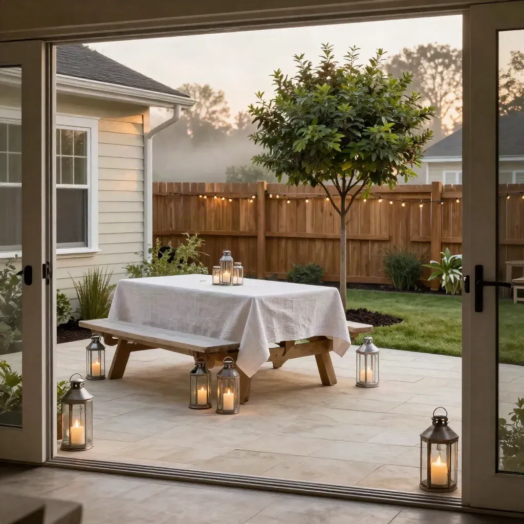 Lit backyard surprise with lanterns, string lights, a small tree, and a covered picnic table at dusk