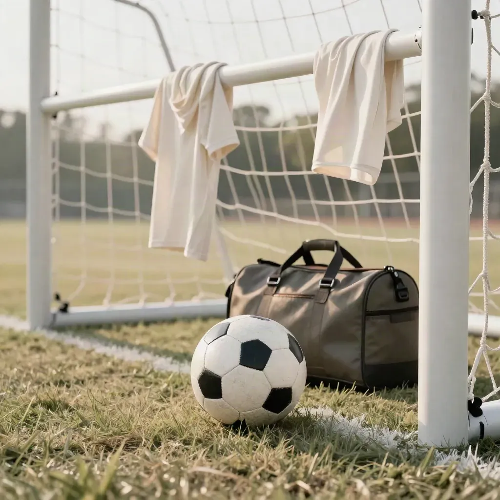 Soccer goal, match ball, duffel and jersey in evening light, shot low from the turf.