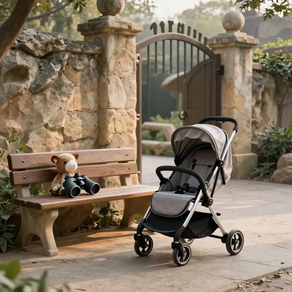 Zoo visit kit ready by a stone gate: stroller, binoculars, plush toy, and bench.