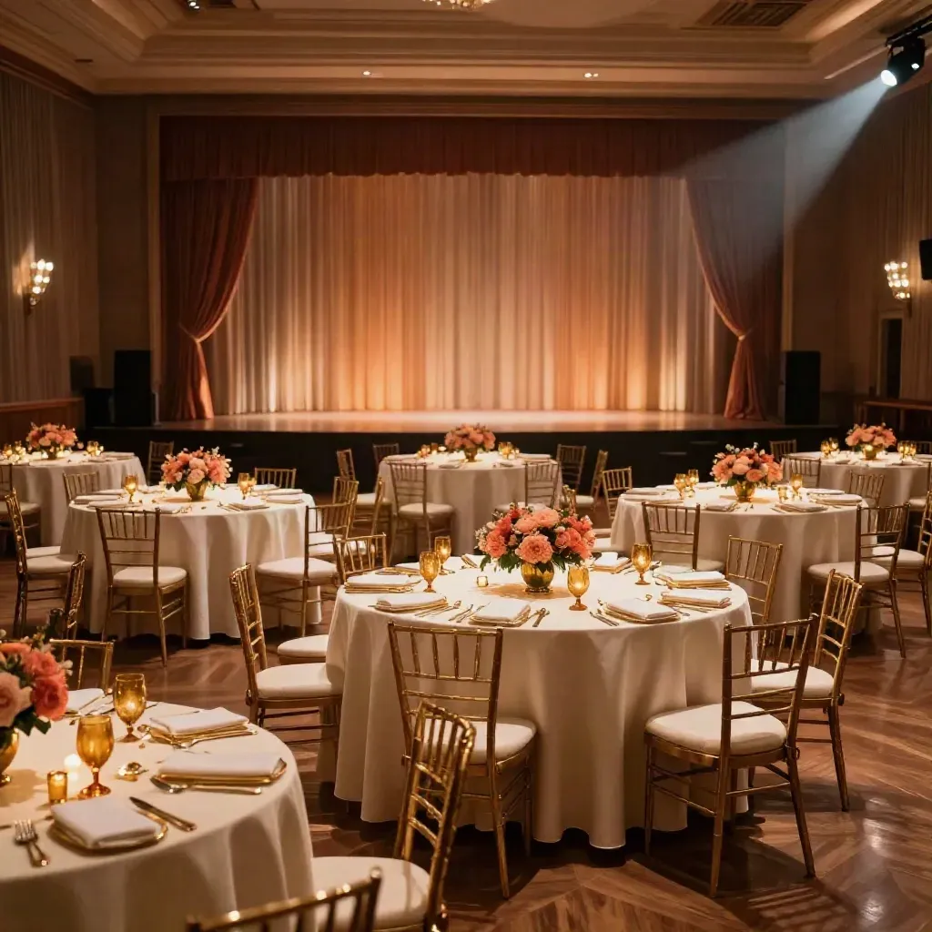 Empty gala ballroom set with cream tables, amber stage lighting, and coral florals.