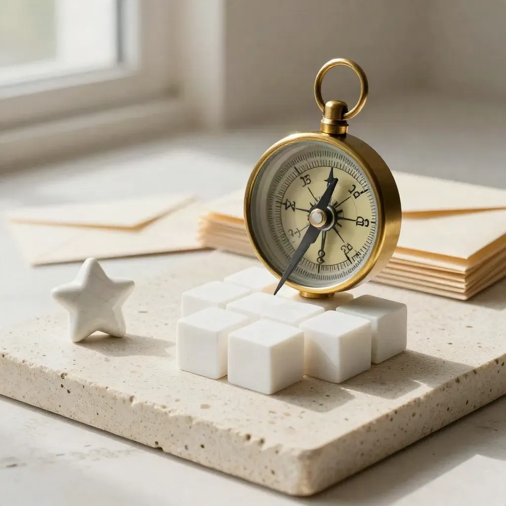 Macro still life of a brass compass, calendar cubes, star paperweight and wax seals on linen