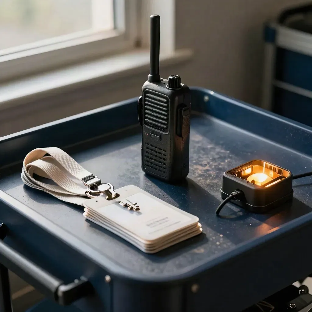 Portable radio, lanyards, hooks and charger glowing on a dark tray under dramatic light