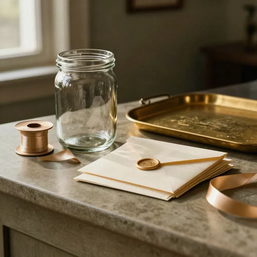 Glass donation jar, ribbon spool, wax-sealed envelopes and brass tray in dramatic close-up.