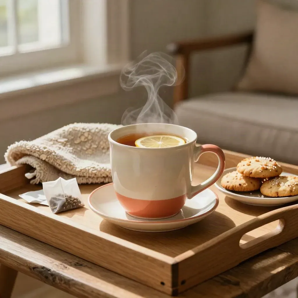 Steam rising from a comfort tray with tea, lemon, biscuits and a folded blanket beside a chair