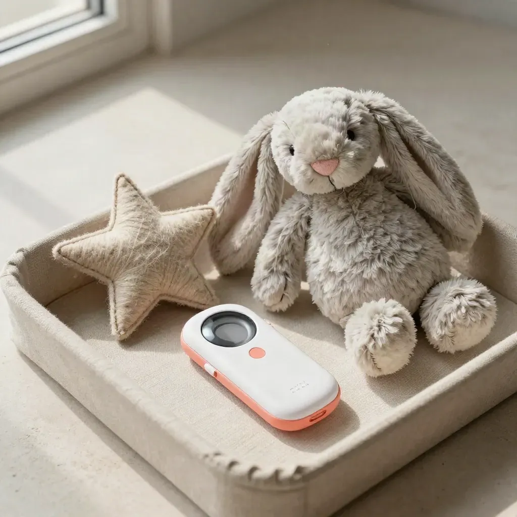 Overhead of a voice recorder, felt star, and plush rabbit in a linen tray