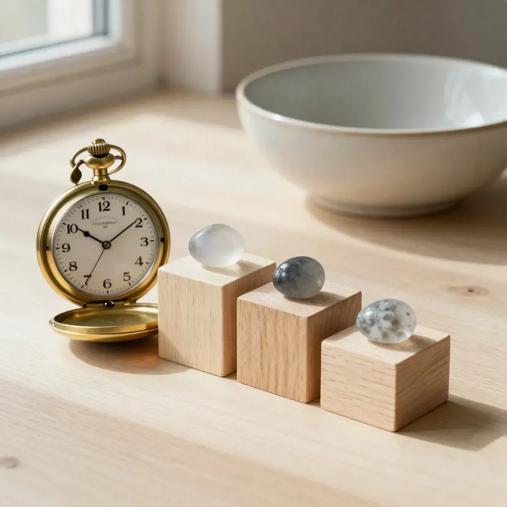 Brass pocket watch with timing blocks, glass stones, and ceramic bowl on pale wood