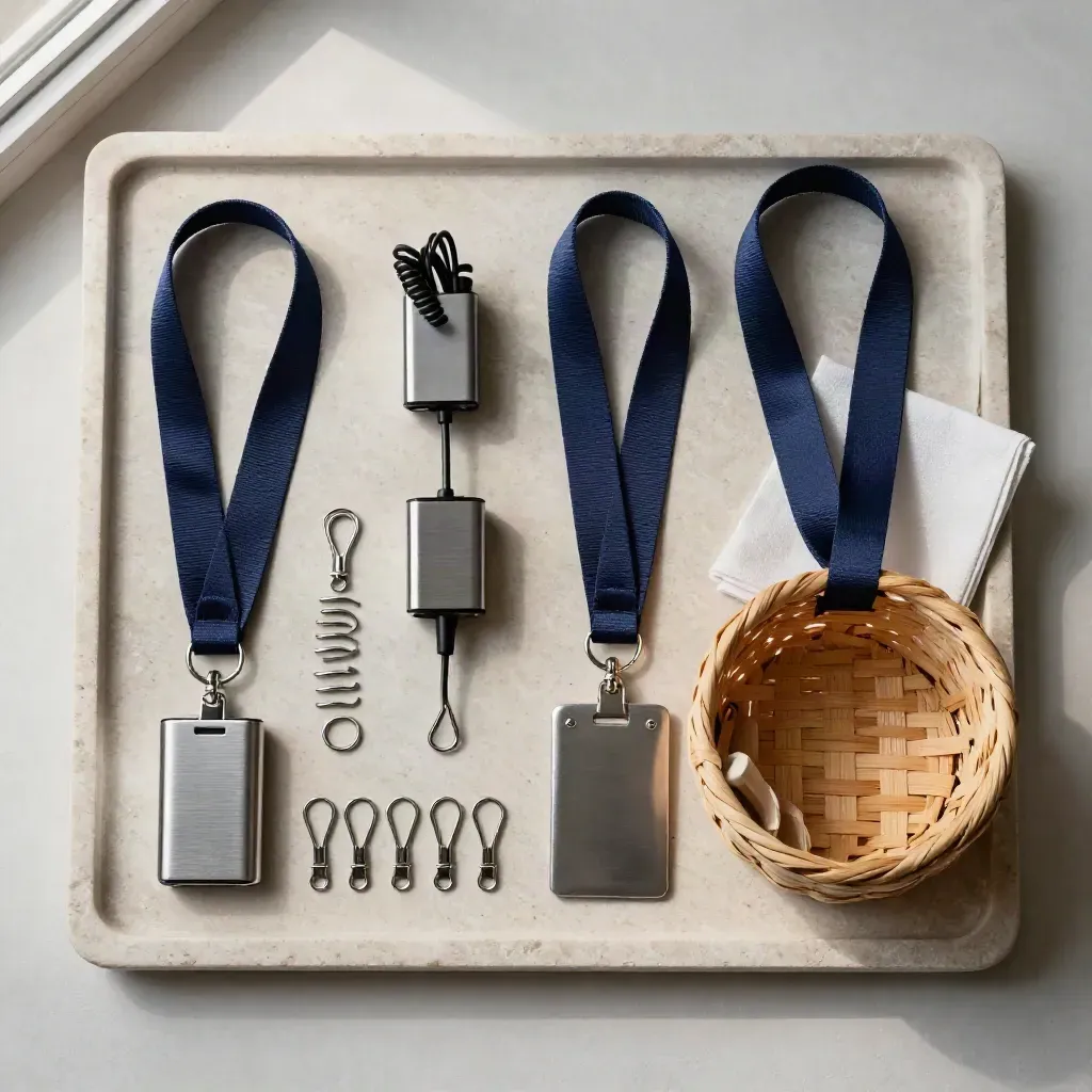 Top-down tray of lanyards, chargers, hooks and a woven basket on pale stone.