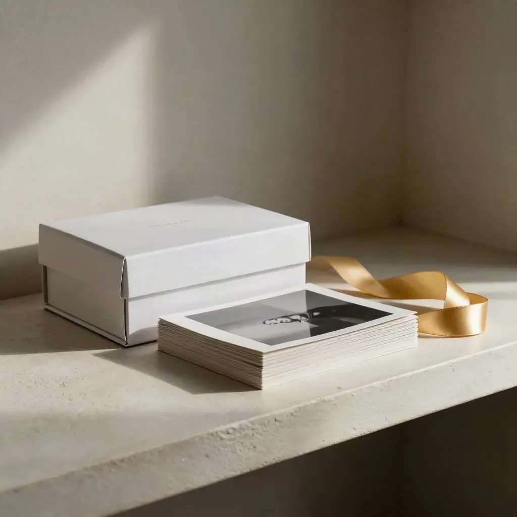 Open keepsake box, matte photo prints, and gold ribbon on a pale shelf
