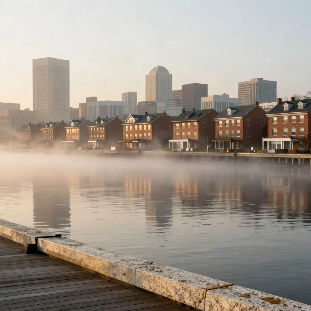 Baltimore skyline and rowhouses above a foggy harbor with calm open water at dawn