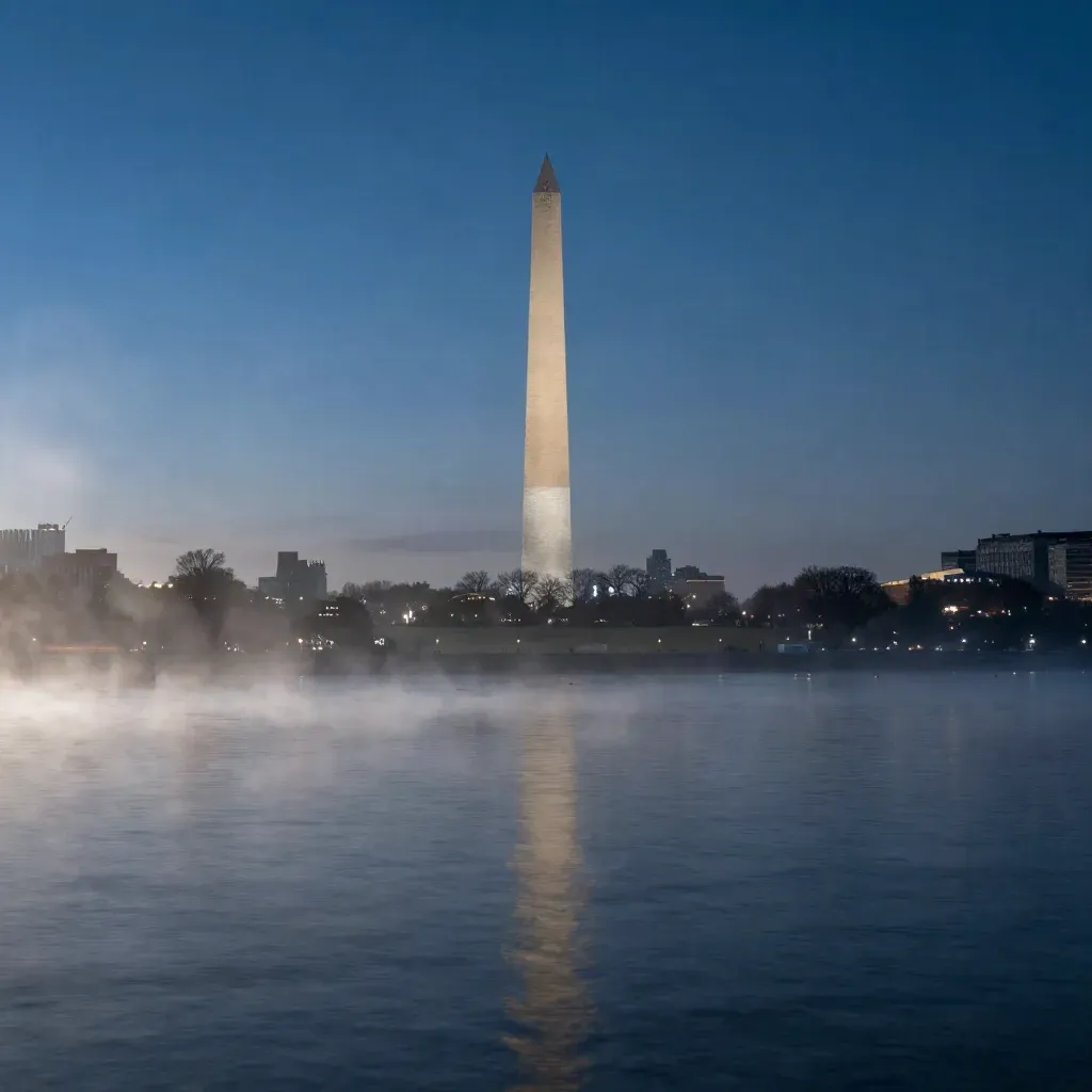 Washington Monument over misty Potomac at blue hour, with calm water and city glow