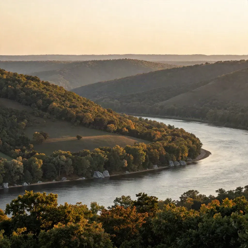 Golden-hour Northern Virginia ridges above the Potomac with faint distant skyline shimmer