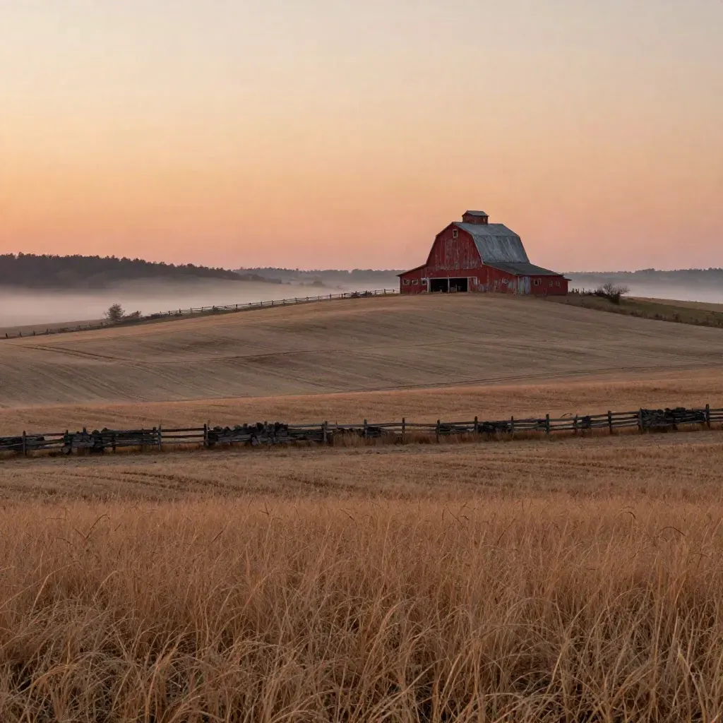 Late-harvest fields, red barn, and stone fence in soft evening haze over South Central Pennsylvania.