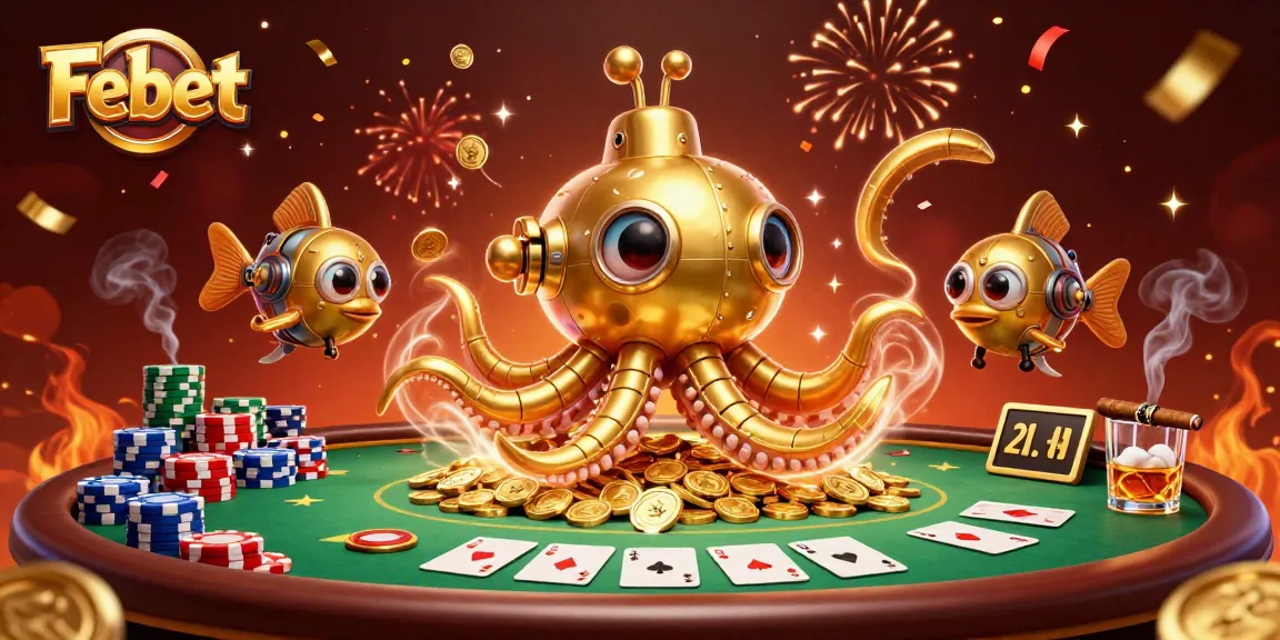 Febet celebrates wins with a golden kraken submarine and exciting poker elements in a vibrant casino scene.