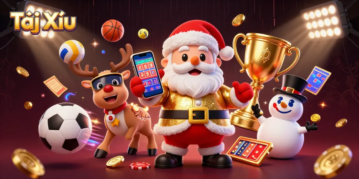 Tài Xỉu players celebrate with cartoon Santa and friends in a dynamic casino scene filled with sports and gambling elements.
