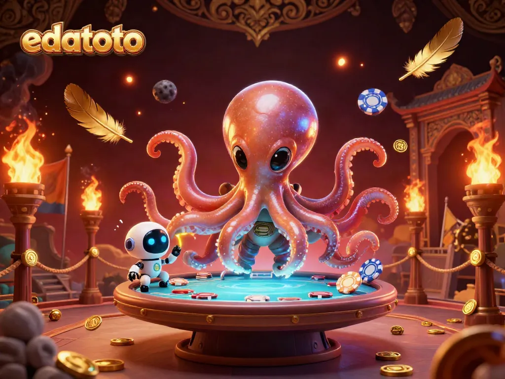 Edatoto captivates with an exciting alien octopus operating a slick poker table while surrounded by floating chips in a dazzling 3D casino scene.
