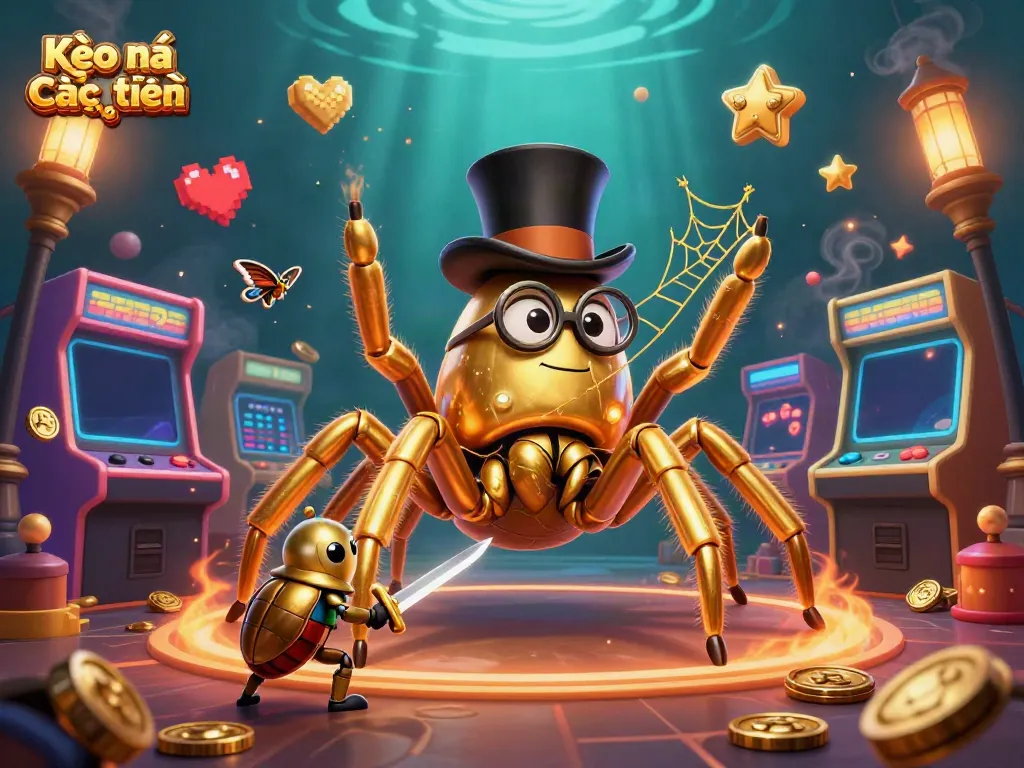 Experience the thrill of Kèo nhà cái trực tuyến with a dynamic casino scene featuring a golden tarantula and beetle knight.