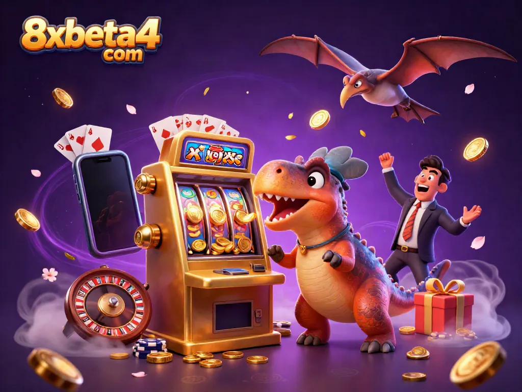 8xbeta4 com features a cartoon scene where a pachycephalosaurus strikes a slot machine, revealing jackpot coins.