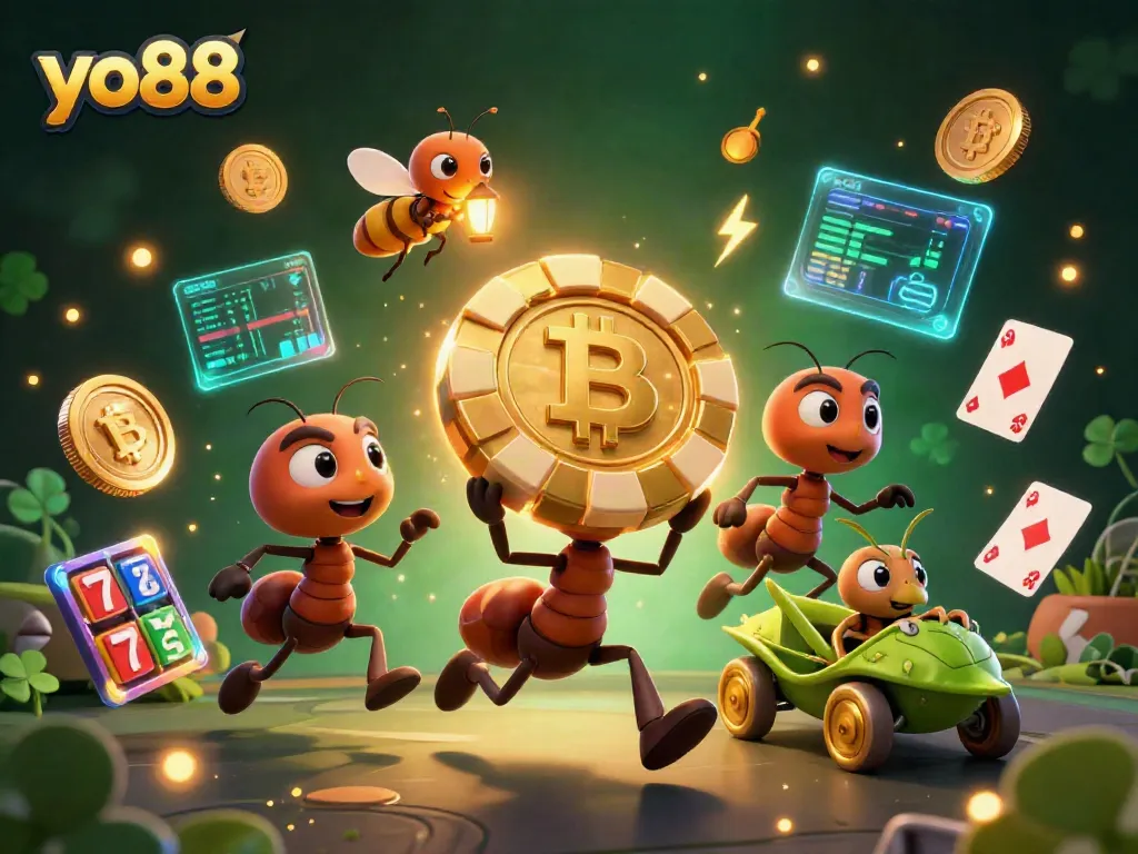 Experience the excitement of yo88 as cartoon ants carry a giant poker chip amidst a vibrant casino heist.
