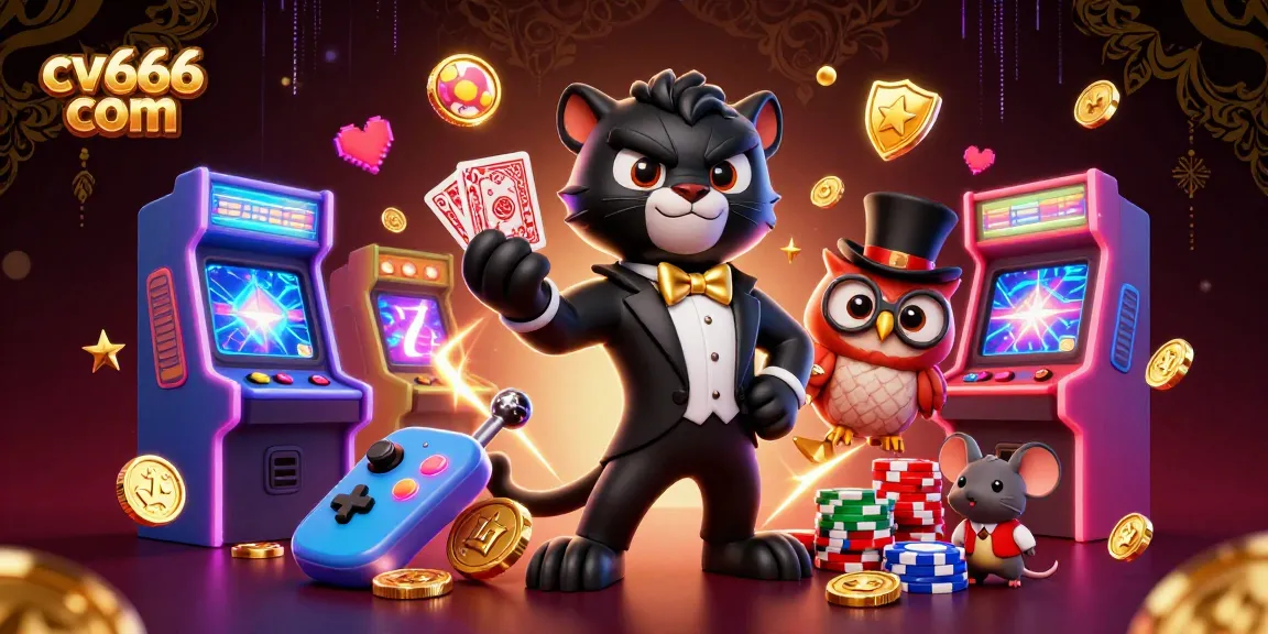 Play exciting games at cv666 com as a stylish black panther deals poker cards amidst vibrant casino elements.